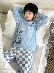 SHEIN 2pcs Tween Boy Casual Crew Neck Cute Bear Graphic Long Sleeve T-Shirt & Plaid Pants Pajama Set Fall Winter - Blue - View 4