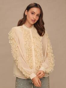 Enchnt Fall/Winter Romantic Women's Elegant Fashion Apricot Casual Romantic Lace Trim Button-Up Long Sleeve Shirt,Sweet&Elegant For Vacation&Date&Holiday&Wedding Guest&Beach&Afternoon Tea,Vestidos Elegantes De Mujer,Vestidos Elegantes Para Fiesta,Fall Shirt For Women,Autumn Clothes