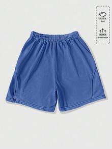 ROMWE MEN Street Life Quần short nam dáng rộng, màu trơn, có dây rút, túi eo - Màu xanh lam - Xem 2