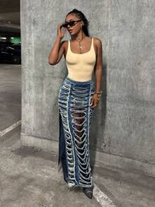 StreetHx Váy mini denim xẻ cao phong cách đường phố gợi cảm - Rửa trung bình - Xem 3