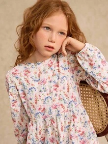 Girls' Round Neck Long Sleeve Patchwork Hem Vacation Dress - Multicolor - View 1
