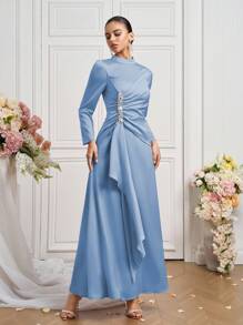 Coutiva Đầm dài tay cổ đứng thanh lịch thời trang mới - Màu xanh nhạt - Xem 7