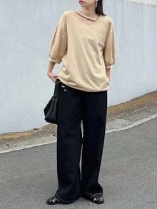 FRIFUL Women's Loose Scoop Neck Oversized T-Shirt With Cut-Out Detail And Lantern Sleeves Loose Tops Solid Color Tops Neutral Tops Aesthetic Tops Cutout Top