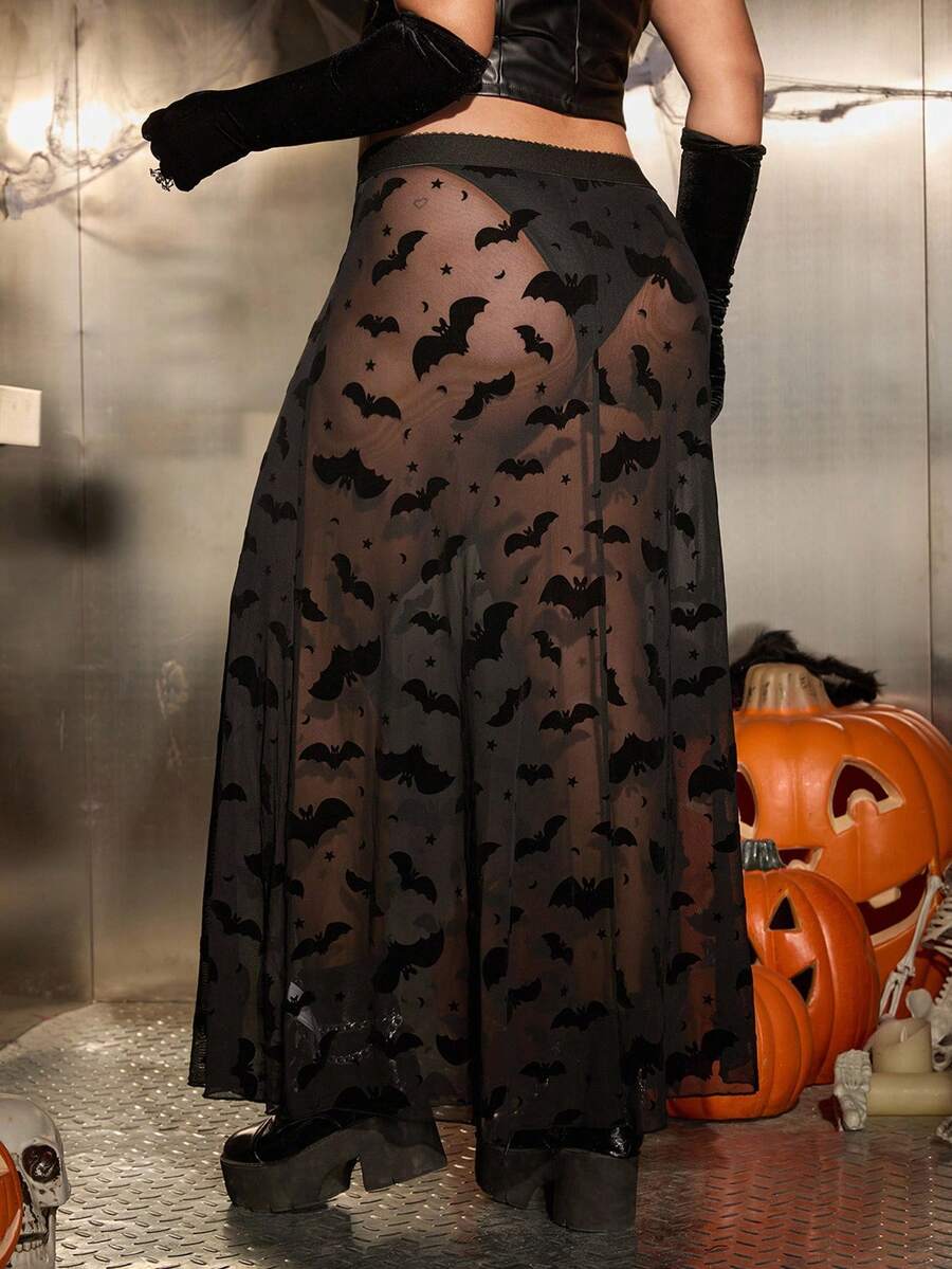 SHEIN EZwear 加大码蝙蝠图案透视性感植绒裙 - 黑色 - 查看 1