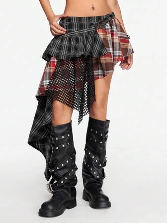 Grunge Punk Falda de mujer asimétrica de cintura baja, con parches, de estilo vintage Y2K, con remaches, strass, tirantes sin mangas, a cuadros, de encaje y malla, para conciertos, festivales, playa, graduación y verano