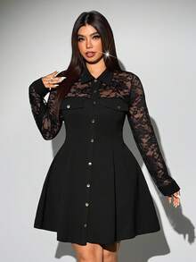 Viva Relle Váy dài tay chắp vá ren cỡ lớn - màu đen - Xem 6