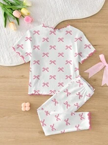 SHEIN 年轻女孩可爱卡通图案荷叶边圆领短袖针织舒适合身睡衣套装 2 件 - 彩色 - 查看 2