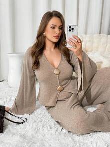 Auralis Conjunto de 2 piezas elegante de chaqueta de manga larga con cuello en V y pantalones de pierna ancha en talla grande