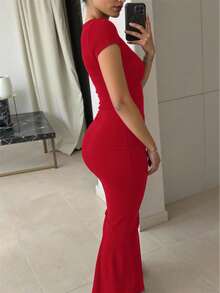 INAWLY 女式纯色方领修身优雅短袖连衣裙 - 紅色 - 查看 3