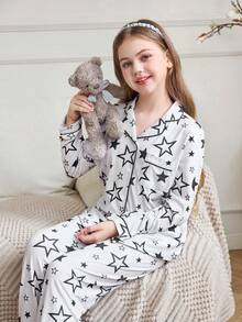 2 件女童黑色星星印花翻领长袖上衣 + 裤子睡衣套装，秋冬女童休闲家居服或睡衣 - 黑色 - 查看 1