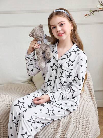 2 件女童黑色星星印花翻领长袖上衣 + 裤子睡衣套装，秋冬女童休闲家居服或睡衣