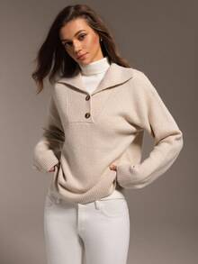 Hanevo Casual Solid Color Minimalist Navy Collar Button Design Knit Sweater, Autumn/Winter New Arrival - Apricot - View 4