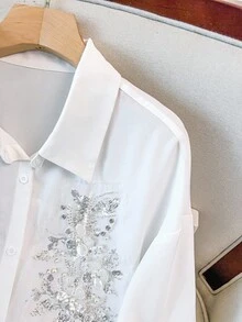 GlowEve CURVE Blusa elegante de manga farol con bordado de lentejuelas y strass para tallas grandes - Blanco - Ver 5