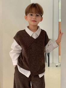 Hapijoa 2pcs/Set Toddler Boys Minimalist Sleeveless Top And Straight Leg Pants, Casual Loose Outfit, Autumn - Brown - View 3