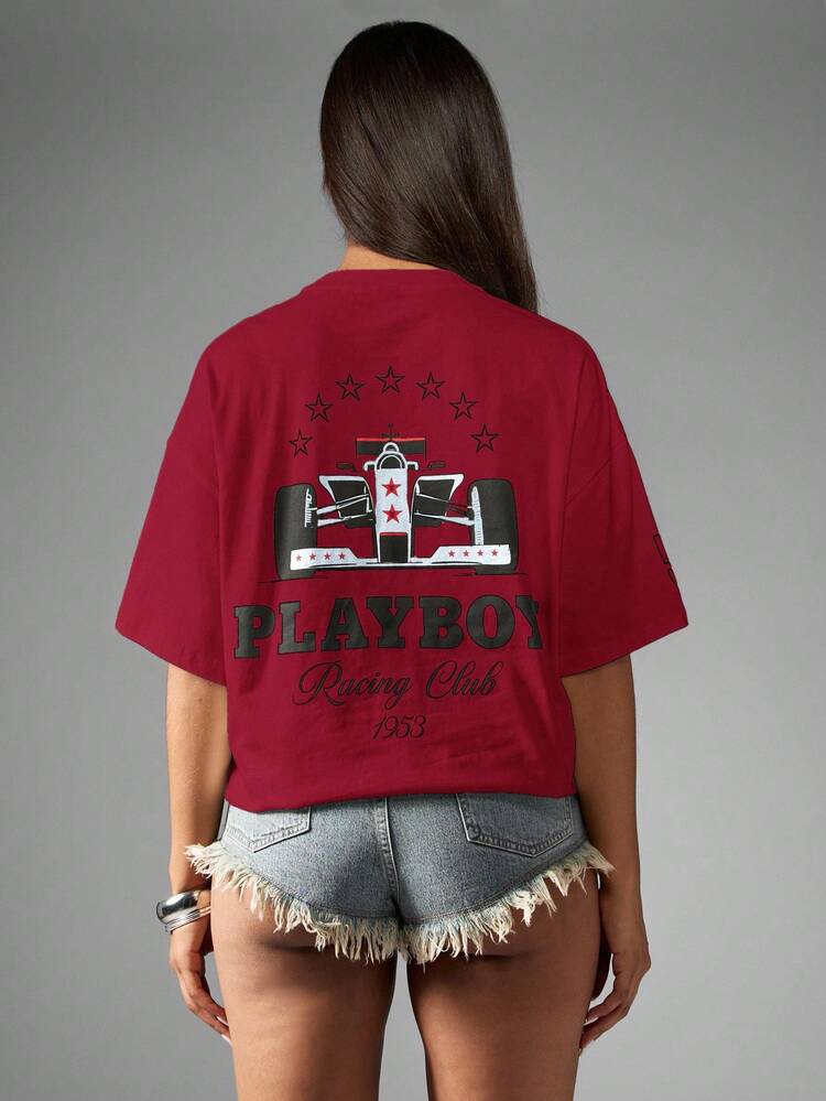 Missguided x Playboy Racing Club Embroidered Retro Graphic Cotton T Shirt Oversized Short Sleeve Racer Collection Front And Back Print Casual Street Style Formula T Shirt Car Racing