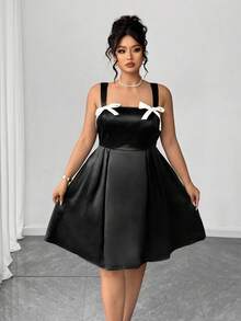 Elenzga Vestido de satén tejido con decoración de lazo para mujer de talla grande, estilo gótico femenino oscuro y preparatorio - Negro - Ver 3