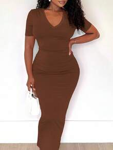 Alexandranx Summer;Women's Solid V-Neck Bodycon Short Sleeve Dresshoco Dresses