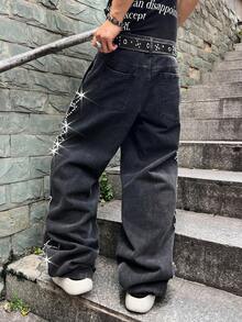 Manfinity EMRG 大码男士休闲水洗水钻装饰牛仔裤 - 黑色 - 查看 2