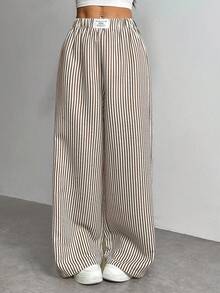 SHEIN PETITE 女士字母条纹宽腿宽松休闲裤