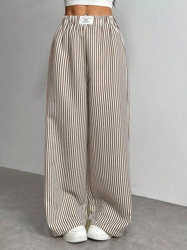 SHEIN PETITE Women's Letter & Striped Wide Leg Loose Casual Pants,Fall