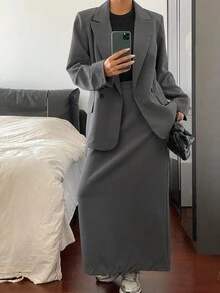 DAZY 女士秋季长款西装外套和中长裙套装商务装 - 灰色 - 查看 4