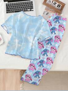 Tween Girls 2pcs Pajama Set, Cute Blue Rabbit Print Blue T-Shirt With Contrast Frill Trim, Matching Loose Rabbit Print Pants With Ruffle Hem, Spring/Autumn Loungewear Cute Pajama Set Girls - Blue - View 2