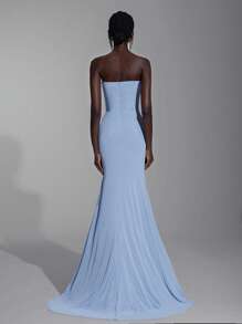 Elitara 优雅浅蓝色露肩低胸腰部镂空奢华手工水钻弹力褶饰美人鱼裙，适合婚礼、单身派对、度假、舞会、正式场合（重型） - 藍色 - 查看 4