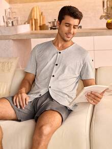 Manfinity Underwear&Sleepwear Basics Conjunto de pijama de pantalón corto y parte superior de manga corta de unicolor para hombre - Gris - Ver 1