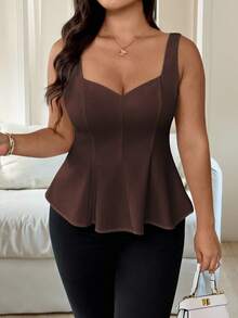 Vionelle 大码女式优雅无袖吊带背心，浪漫法式风格，适合办公室、通勤、下午茶、派对、度假，鸡心领口，正面锁孔，腰部收紧，A 字廓形，适合春夏季 - 棕色 - 查看 1