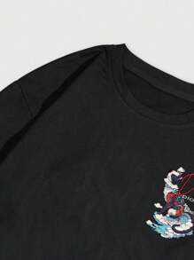 ROMWE MEN Anime Men's Black & White 2 In 1 Long Sleeve T-Shirt, Casual & Comfortable, Autumn/Winter, Starry Cat Print - Black and White - View 3