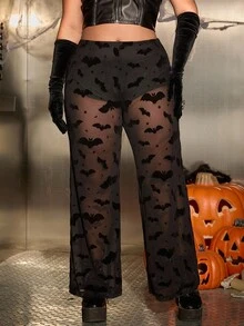 SHEIN EZwear Quần lưới lưới rộng rãi họa tiết dơi Halloween cỡ lớn cho nữ - màu đen - Xem 1