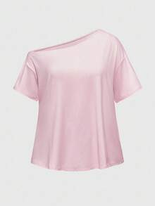 ROMWE Kawaii Plus Size Sexy Asymmetric Shoulder Solid Color Basic Vintage Street Style Loose Fit Summer Tee - Pink - View 1