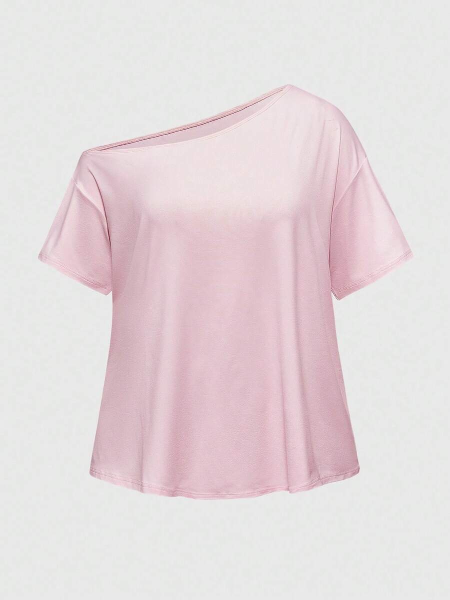 ROMWE Kawaii Plus Size Sexy Asymmetric Shoulder Solid Color Basic Vintage Street Style Loose Fit Summer Tee - Pink - View 1