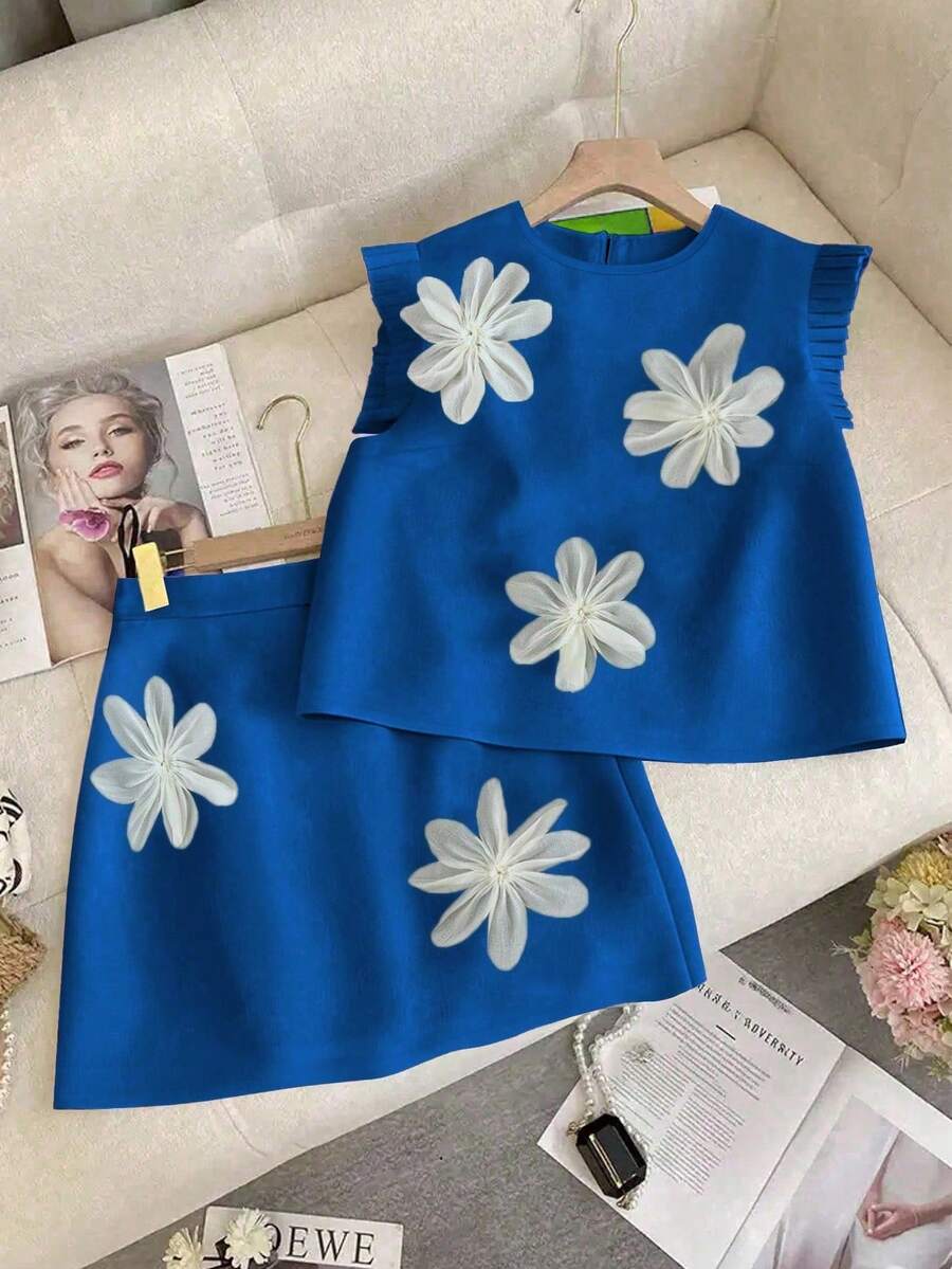 Flirla 大码女式 3D 花卉装饰立领黑色纯色上衣搭配高腰 A 字形 3D 花卉装饰迷你裙优雅 2 件套 - 水鴨藍 - 查看 1