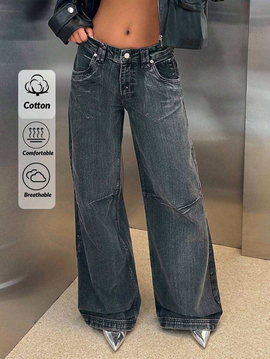 cottnline RueChic Low Waist Wide Leg Special Wash Jeans - Black - View 1