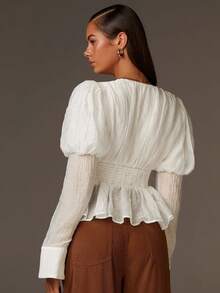 Athîral Women's Solid Color Deep V-Neck Puff Sleeve Button Design Ruffle Hem Elegant Fashion Blouse - White - View 3