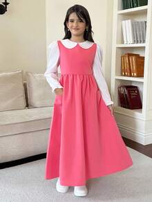 Girls' Casual Striped Long Sleeve Peter Pan Collar Blouse And Bib Pocket Maxi Skirt 2 Pieces Set, Comfortable For Daily Wear Pink Dress For Girls Girls Pink Long Sleeve Dress Pink Peter Pan Collar Dress Girls Modest Dress Girls Dress With Pockets - Pink - View 6