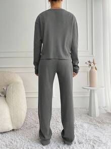SHEIN Tall Women's Solid Color Crew Neck Long Sleeve Top And Pants 2 Pieces Set - Grey - View 2