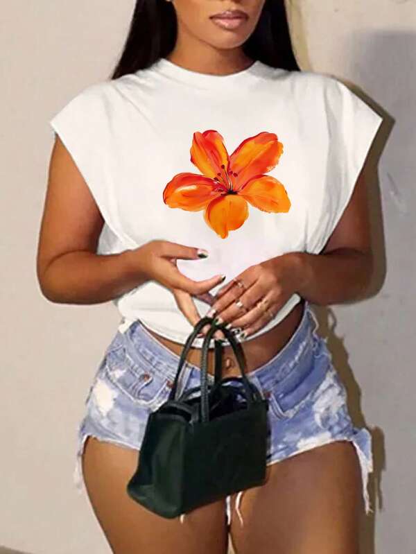 Slaydiva Plus Size Casual And Simple Flower Pattern T-Shirt, Suitable For Summer