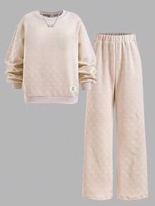 SHEIN 1 套青少年男童休闲格子提花圆领长袖上衣和裤子，常规厚度，日常穿着，秋季 - 杏色 - 查看 3