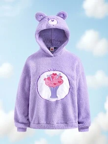 SHEIN X Care Bears Women's Cartoon Embroidered Fluffy Long Sleeve Hooded Sweatshirt
