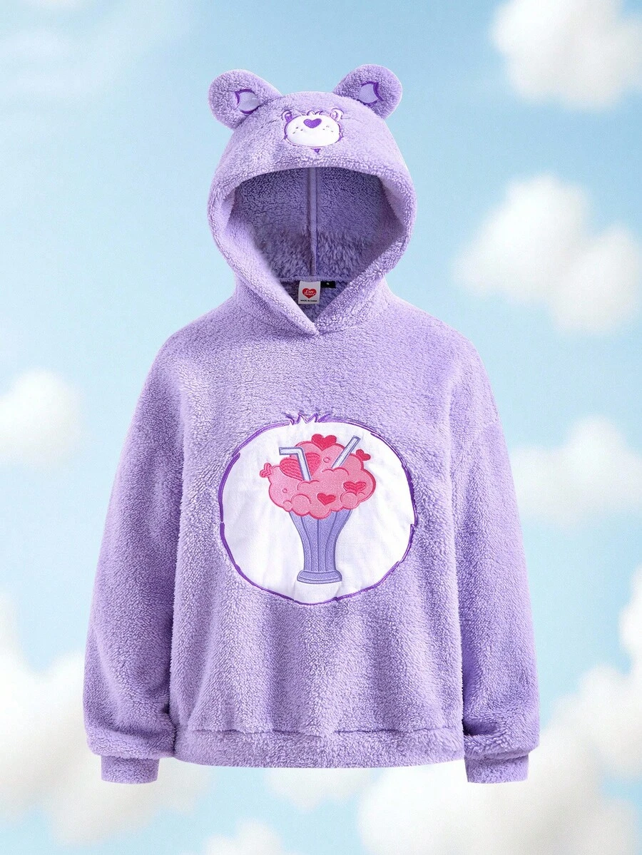 SHEIN X Care Bears Women's Cartoon Embroidered Fluffy Long Sleeve Hooded Sweatshirt