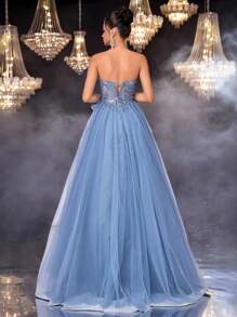 Glamrae 奢华、优雅、高贵、时尚、青春、蓝色、飘逸、网眼、露肩、罩杯设计、贴花、深V领、大喇叭裙、系带、适合单身派对、婚礼嘉宾、音乐节、度假、正式晚会、晚礼服