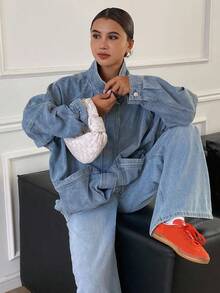 DAZY Autumn/Winter New Loose Casual Distressed Washed Women Denim Jacket And Coat Outerwear - Blue - View 5