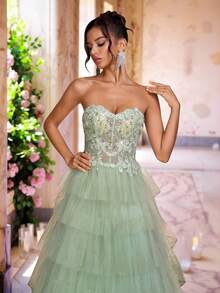 Glamrae 优雅奢华浅绿色手工3D花卉水晶装饰多层超长裙摆晚礼服，女式，下摆宽大 - 綠色 - 查看 3