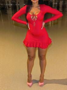 INAWLY Vestido mini ajustado con volantes y cordones en color rojo sexy - Rojo - Ver 5