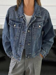 Livesso 秋冬新款宽松休闲厚款缀饰女士牛仔夹克外套 - 藍色 - 查看 1
