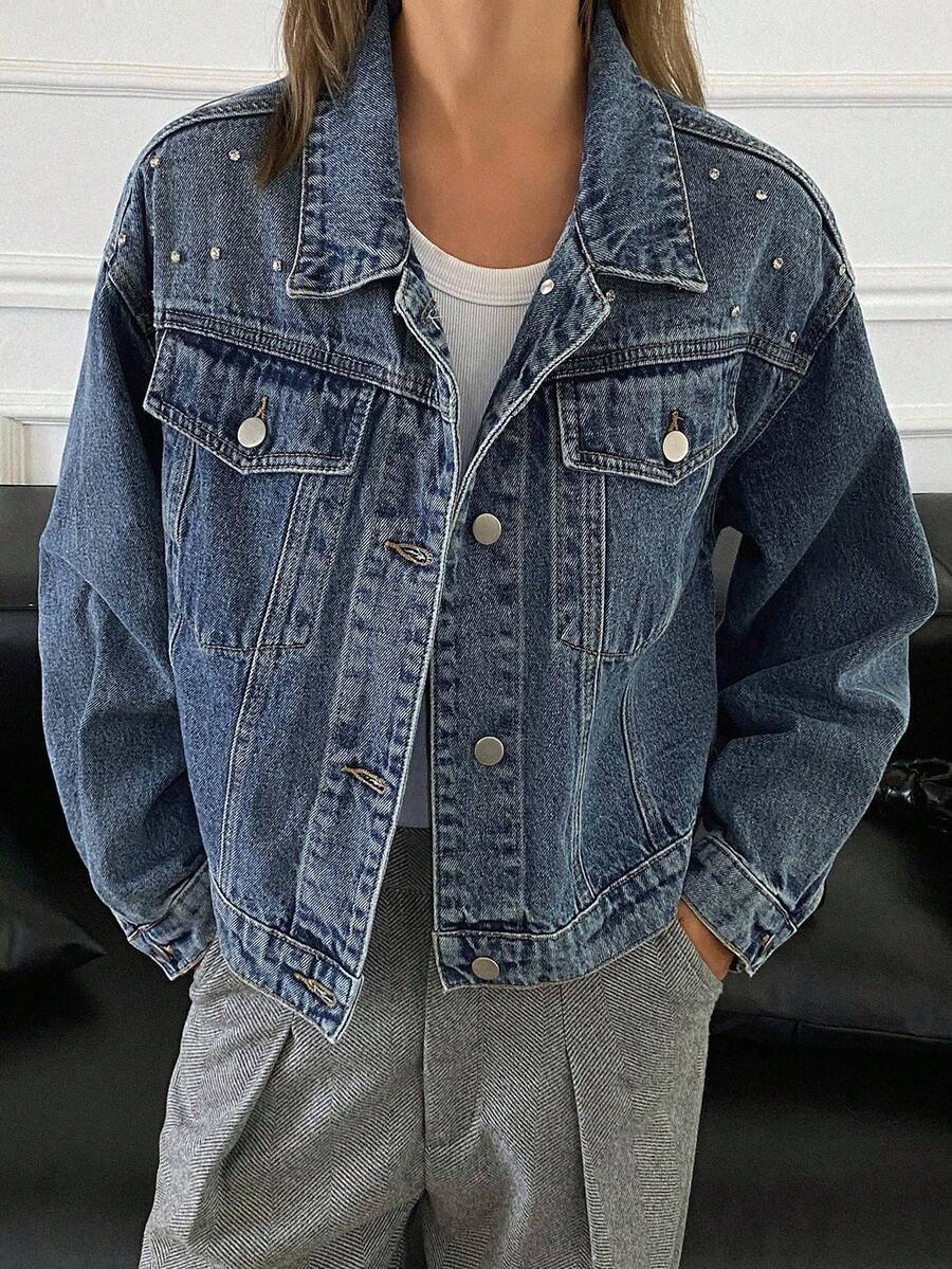 Livesso 秋冬新款宽松休闲厚款缀饰女士牛仔夹克外套 - 藍色 - 查看 1