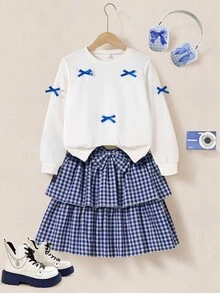 SHEIN Explorewe 2pcs Girls Casual Outfit: Cute 3D Bow Decor Long Sleeve Sweatshirt And Classic Plaid Bow Skirt, Back To School 2025 Kids' Collegiate Wear And Sportswear - Multicolor - View 1