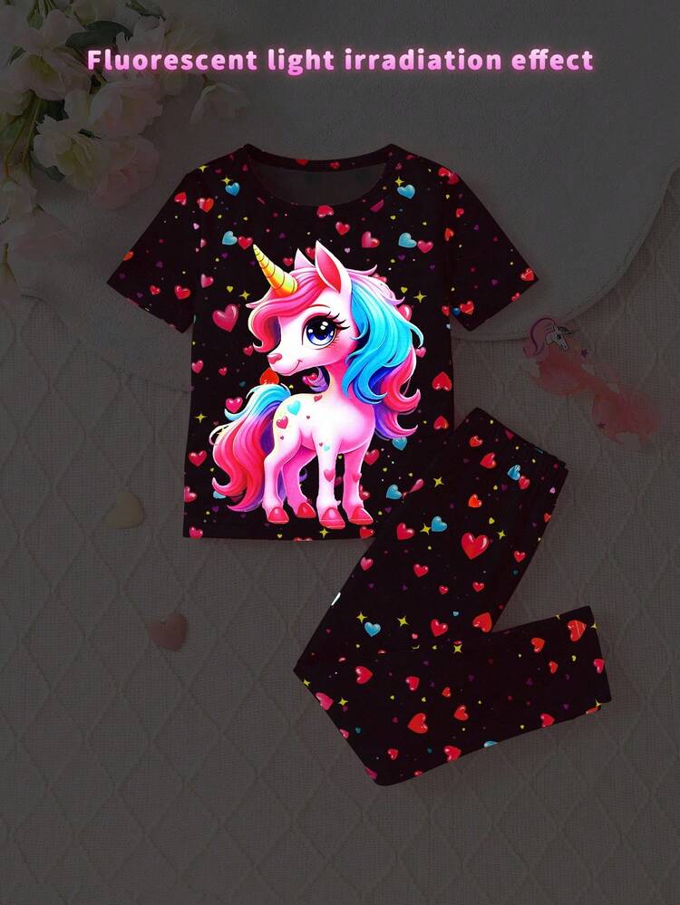 2 piezas Conjunto de top de manga corta y pantalones con estampado de unicornio y corazón que brillan en la oscuridad para niñas pequeñas, adecuado para uso al aire libre - Negro - Añade 5